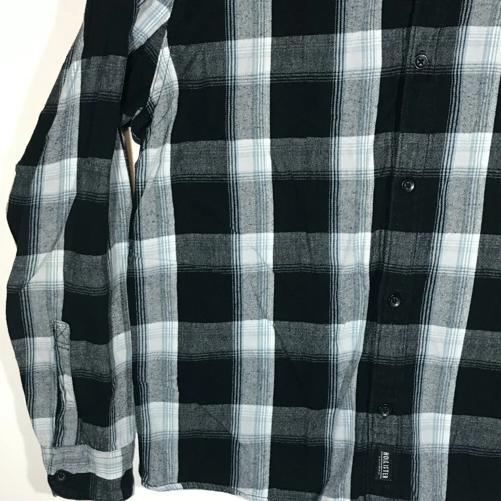 Hollister Men's XL Black Plaid Long Sleeve Button Up Hoodie Flannel Shirt - Picture 6 of 11